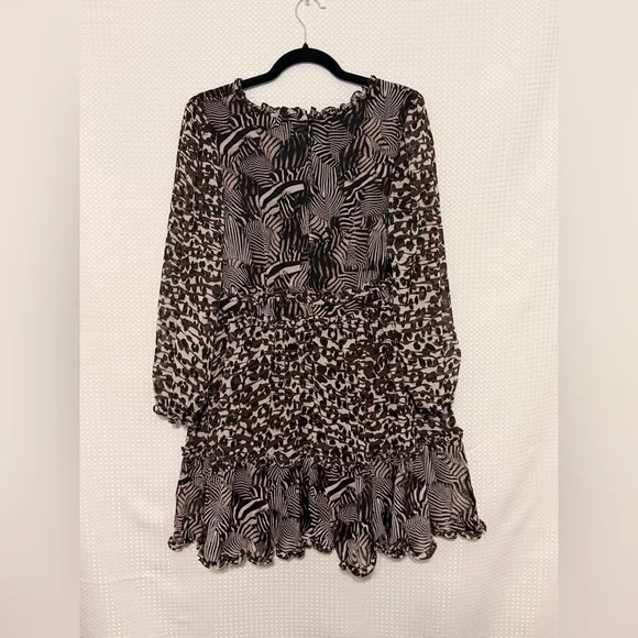 Betsey Johnson Leopard Zebra Print Ruffle Babydoll Dress Sheer Sleeve Sz 12 - Picture 6 of 6
